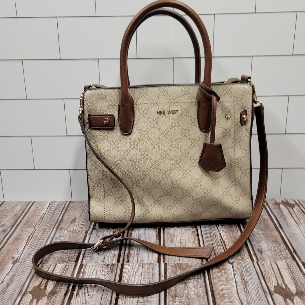 Nine West Satchel Handbag Beige Brown Monogram Crossbody Purse Tote Bag